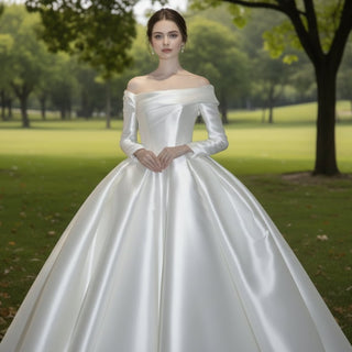 Satin Off-Shoulder Long Sleeve Wedding Dresses Bridal Gowns - Rosymae