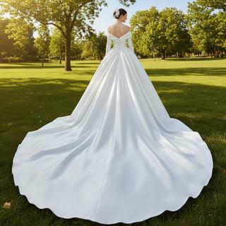Satin Off-Shoulder Long Sleeve Wedding Dresses Bridal Gowns - Rosymae