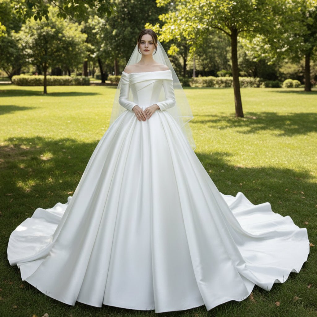 Satin Off-Shoulder Long Sleeve Wedding Dresses Bridal Gowns - Rosymae