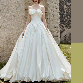 Asymmetrical Neckline Satin Wedding Dress Ruffle Bridal Gown