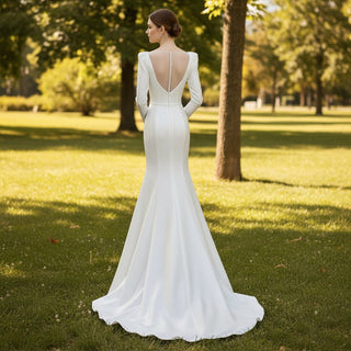 Satin Square Neck Mermaid Wedding Dresses with Long Sleeve - Rosymae