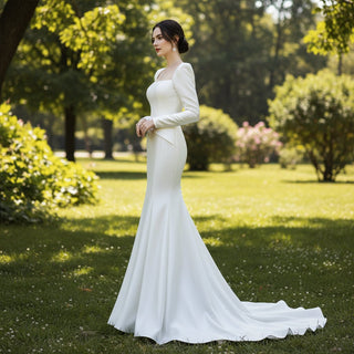 Satin Square Neck Mermaid Wedding Dresses with Long Sleeve - Rosymae