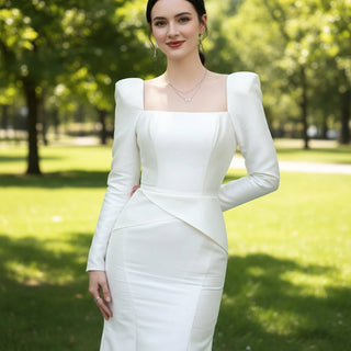Satin Square Neck Mermaid Wedding Dresses with Long Sleeve - Rosymae