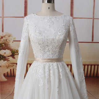 Long Sleeve High Boat Neck Satin Tulle Bridal Wedding Dress