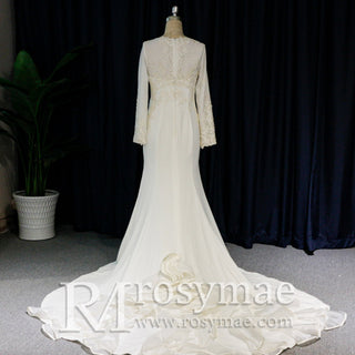Scoop Long Sleeve Mermaid Wedding Dress with Trumpet Skirt - Rosymae