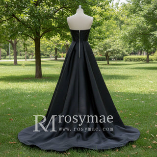 Scoop Neck A-line Black Wedding Dress Bridal Gown with Leg Slit - Rosymae