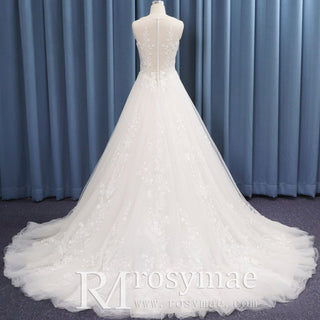 Sheer Neck Modern Tulle Lace A-line Wedding Dress