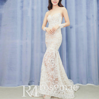 Sheer Long Sleeve Lace Fit Flare Wedding Dress with Sweetheat Neck