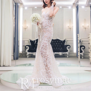 Sheer Long Sleeve Lace Fit Flare Wedding Dress with Sweetheat Neck