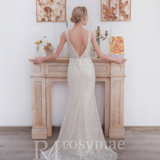 Sequin Mermaid Wedding Dress with a Illusion Neckline - Rosymae
