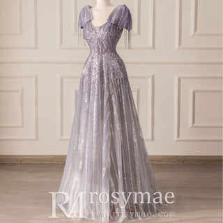 Lilac Sequin Formal Dress Prom Evening Party Gown with Capped Sleeve