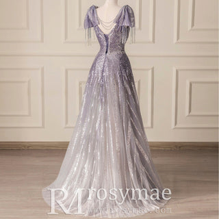Lilac Sequin Formal Dress Prom Evening Party Gown with Capped Sleeve