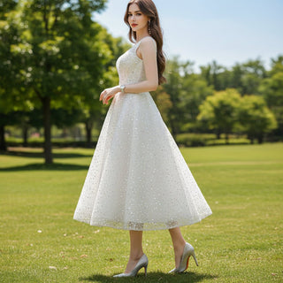 Sequined Tea Length Formal Gown Evening Party Dress for Women - Rosymae