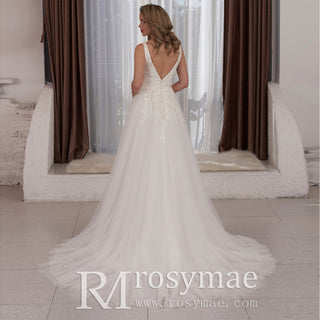 Sexy Plunging V-neck Lace and Tulle A-line Wedding Dress Low Back