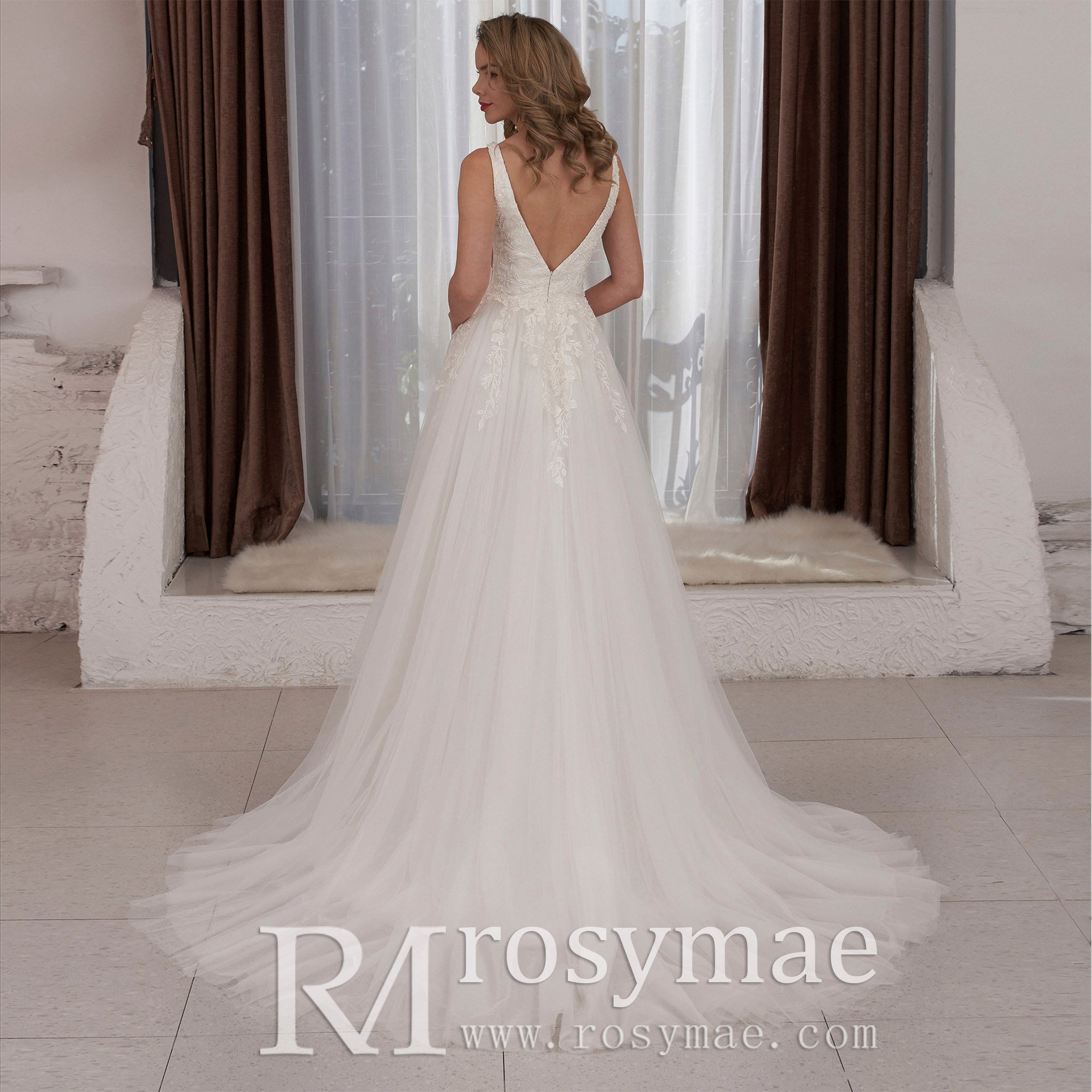 Plunging V-neck Lace and Tulle A-line Wedding Dress Low Back White / Custom Size Plunging V-neck Lace and Tulle A-line Wedding Dress Low Back White / Custom Size