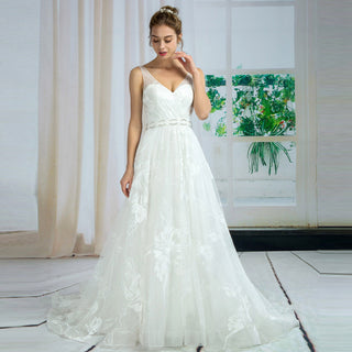 Double V Floral Lace A-line Wedding Dress with Crystal Sash