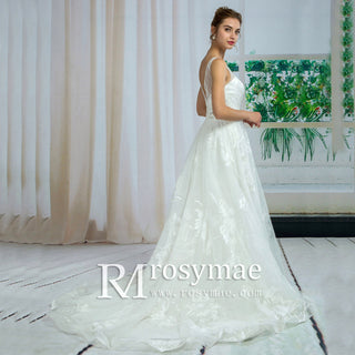 Double V Floral Lace A-line Wedding Dress with Crystal Sash