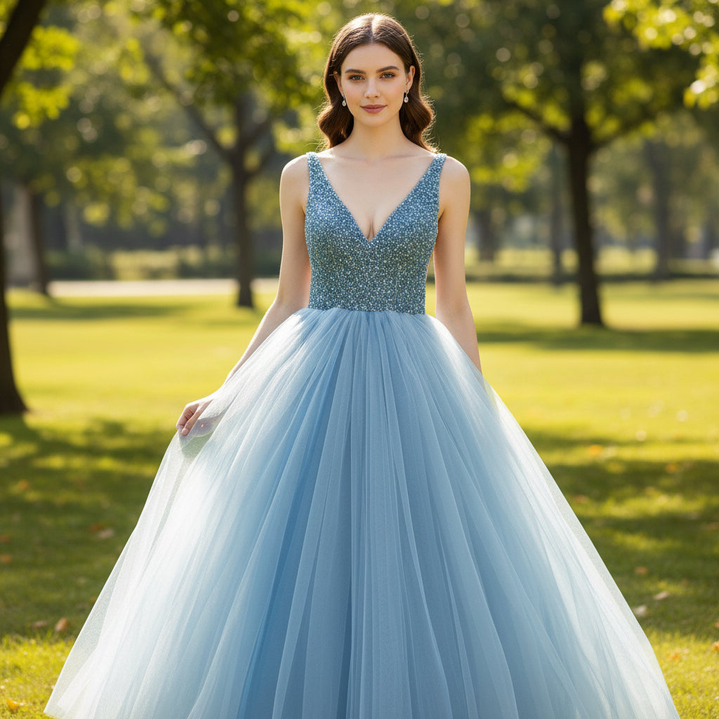 Deep V-neck Beaded Crystals A-line China Blue Formal Dresses Rosymae Deep V-neck Beaded Crystals A-line China Blue Formal Dresses Rosymae