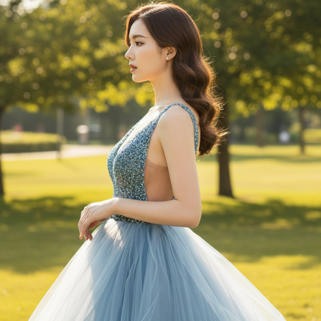 Deep V-neck Beaded Crystals A-line China Blue Formal Dresses Rosymae Deep V-neck Beaded Crystals A-line China Blue Formal Dresses Rosymae