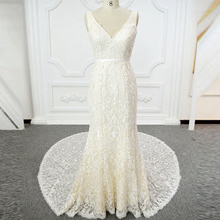 Charming Double V Sheath Lace Bridal Gowns Wedding Dresses