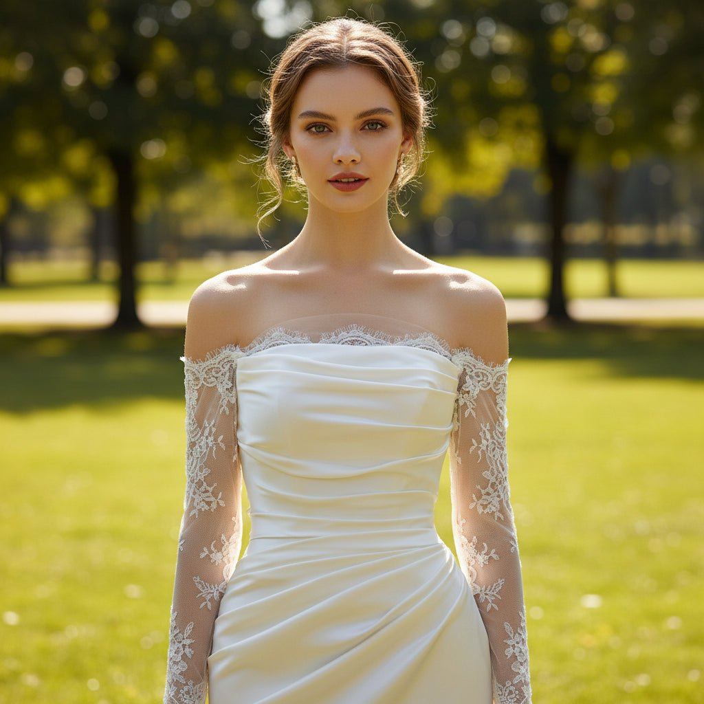 Sheath Satin Wedding Dress with Off-The-Shoulder Long-Sleeve - Rosymae