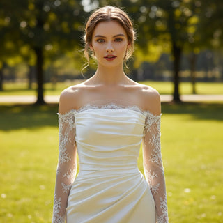 Sheath Satin Wedding Dress with Off-The-Shoulder Long-Sleeve - Rosymae