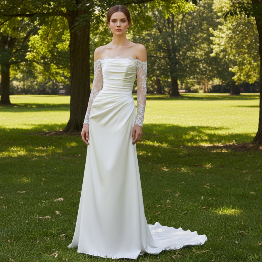 Sheath Satin Wedding Dress with Off-The-Shoulder Long-Sleeve - Rosymae