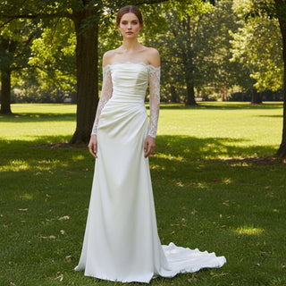 Sheath Satin Wedding Dress with Off-The-Shoulder Long-Sleeve - Rosymae