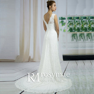 Square-neck Deep V-back Chiffon Lace Sheath Wedding Dresses