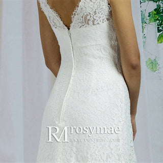 Square-neck Deep V-back Chiffon Lace Sheath Wedding Dresses