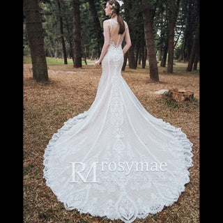 Sheer 3D Floral Lace Mermaid Bridal Gown Wedding Dress - Rosymae