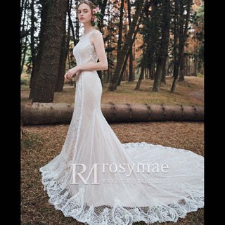 Sheer 3D Floral Lace Mermaid Bridal Gown Wedding Dress - Rosymae