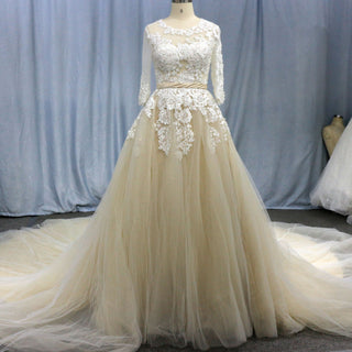 Sheer Ballgown Champagne Wedding Dresses & Gowns with 3/4 Sleeves - Rosymae