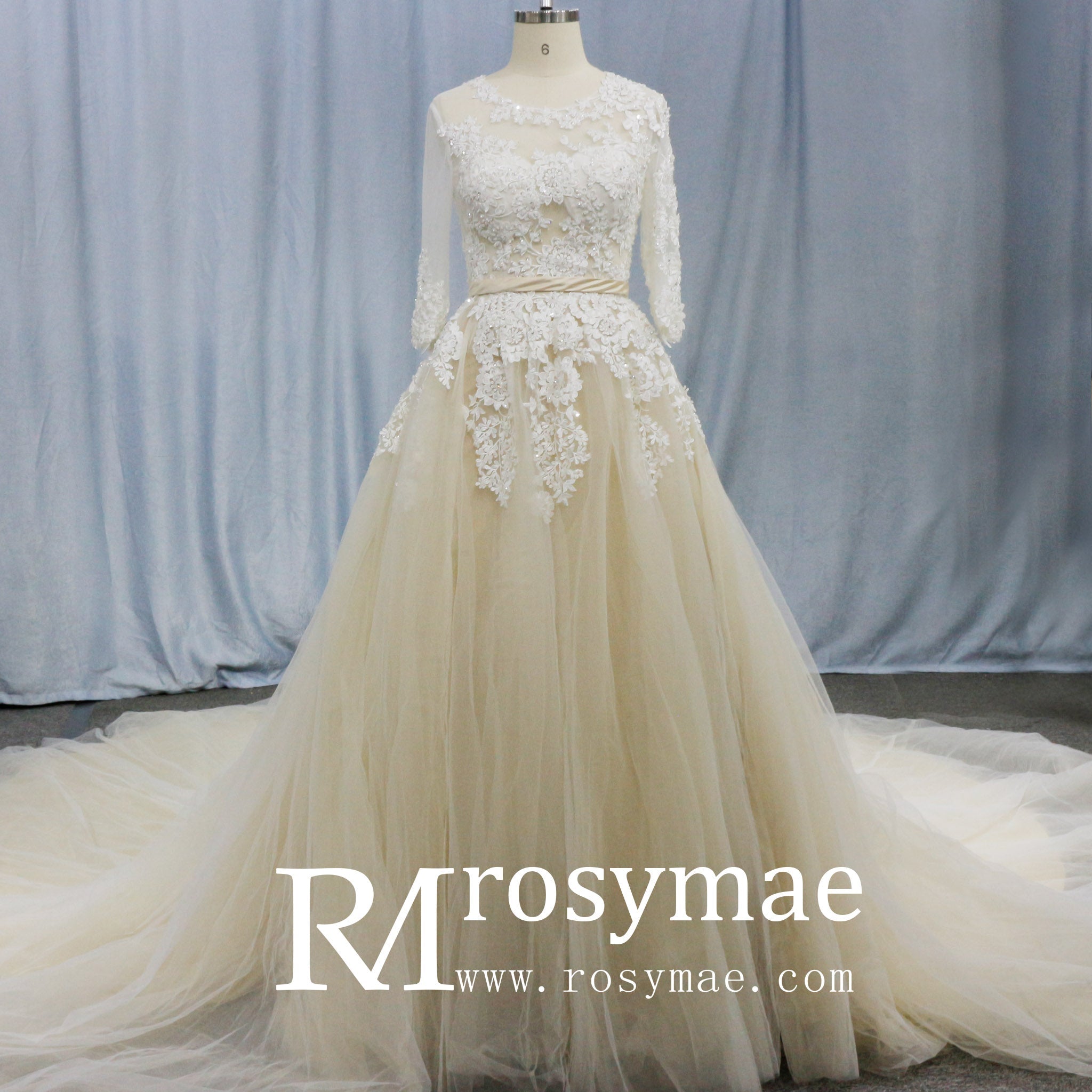 Sheer Ballgown Champagne Wedding Dresses & Gowns with 3/4 Sleeves - Rosymae