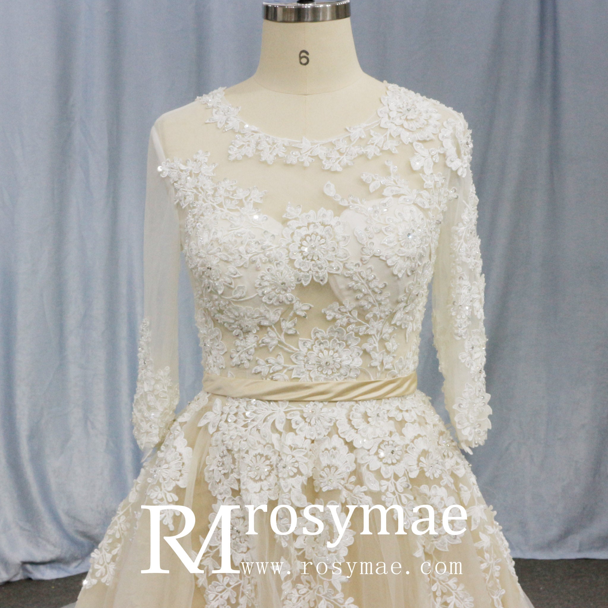 Sheer Ballgown Champagne Wedding Dresses & Gowns with 3/4 Sleeves - Rosymae
