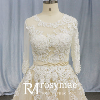 Sheer Ballgown Champagne Wedding Dresses & Gowns with 3/4 Sleeves - Rosymae