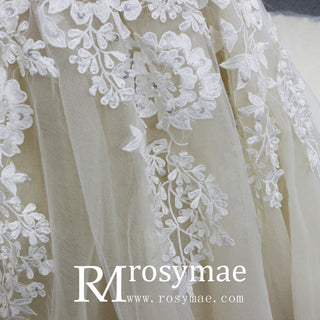 Sheer Ballgown Champagne Wedding Dresses & Gowns with 3/4 Sleeves - Rosymae
