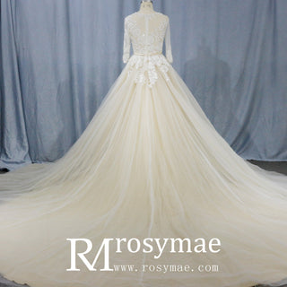 Sheer Ballgown Champagne Wedding Dresses & Gowns with 3/4 Sleeves - Rosymae