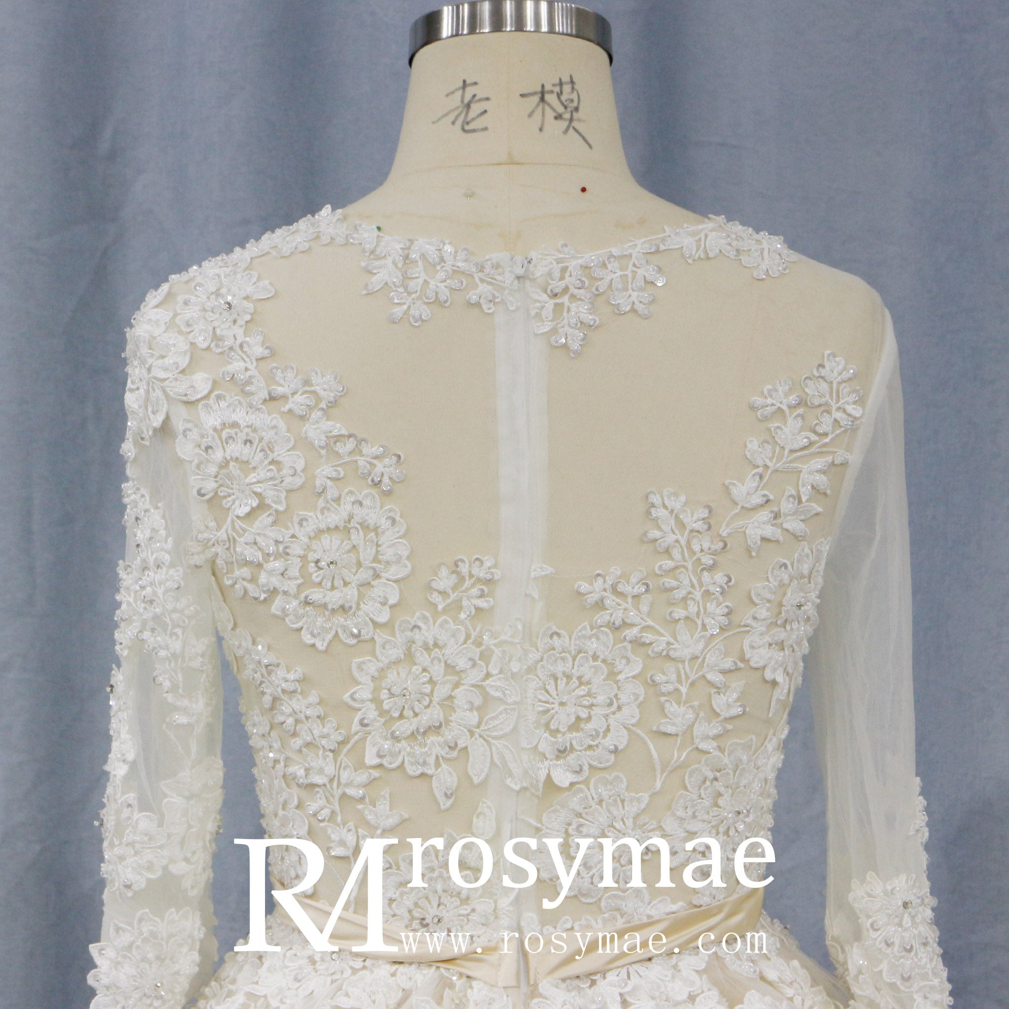 Sheer Ballgown Champagne Wedding Dresses & Gowns with 3/4 Sleeves - Rosymae