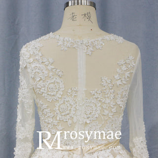 Sheer Ballgown Champagne Wedding Dresses & Gowns with 3/4 Sleeves - Rosymae