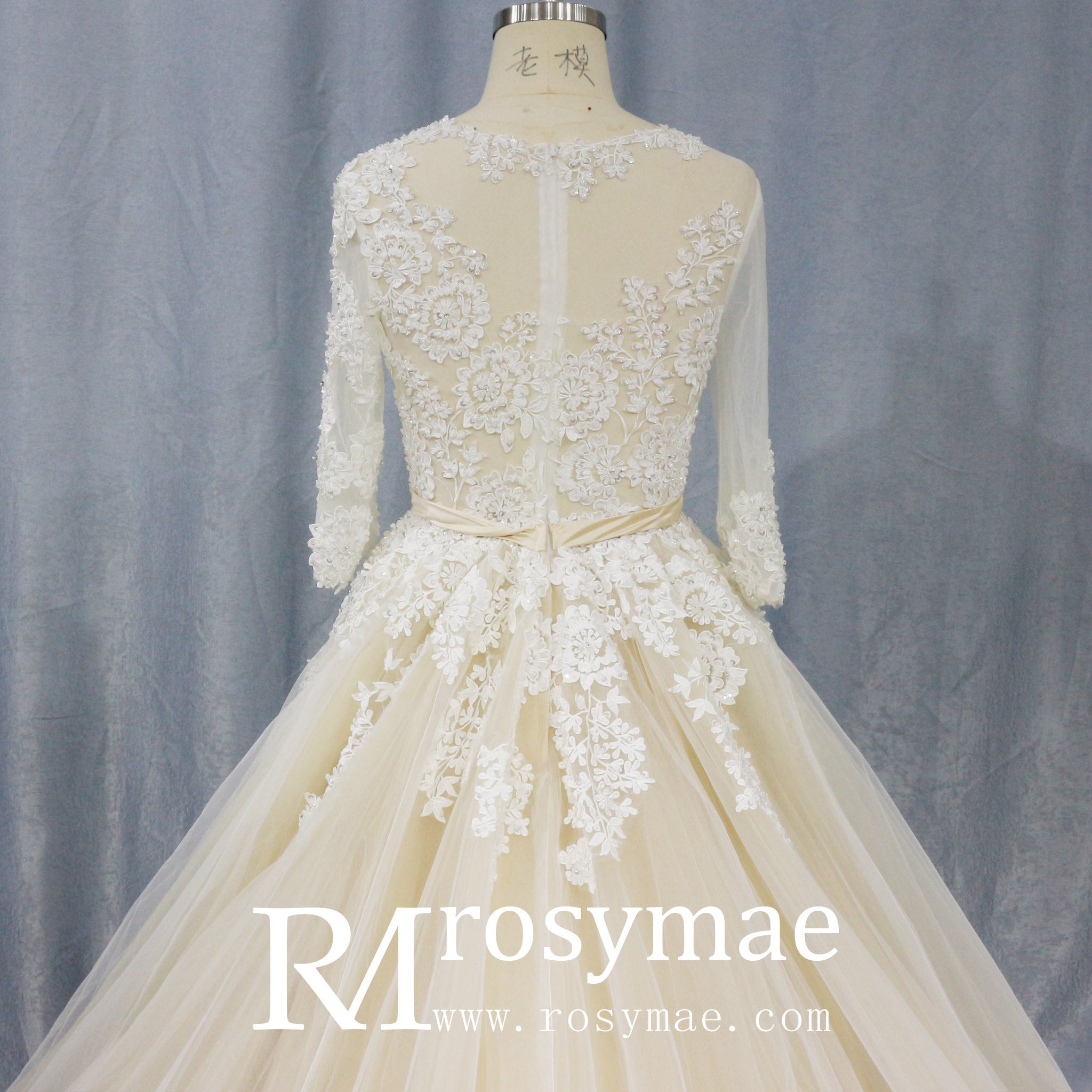 Sheer Ballgown Champagne Wedding Dresses & Gowns with 3/4 Sleeves - Rosymae