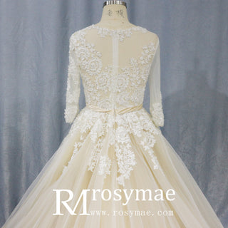 Sheer Ballgown Champagne Wedding Dresses & Gowns with 3/4 Sleeves - Rosymae