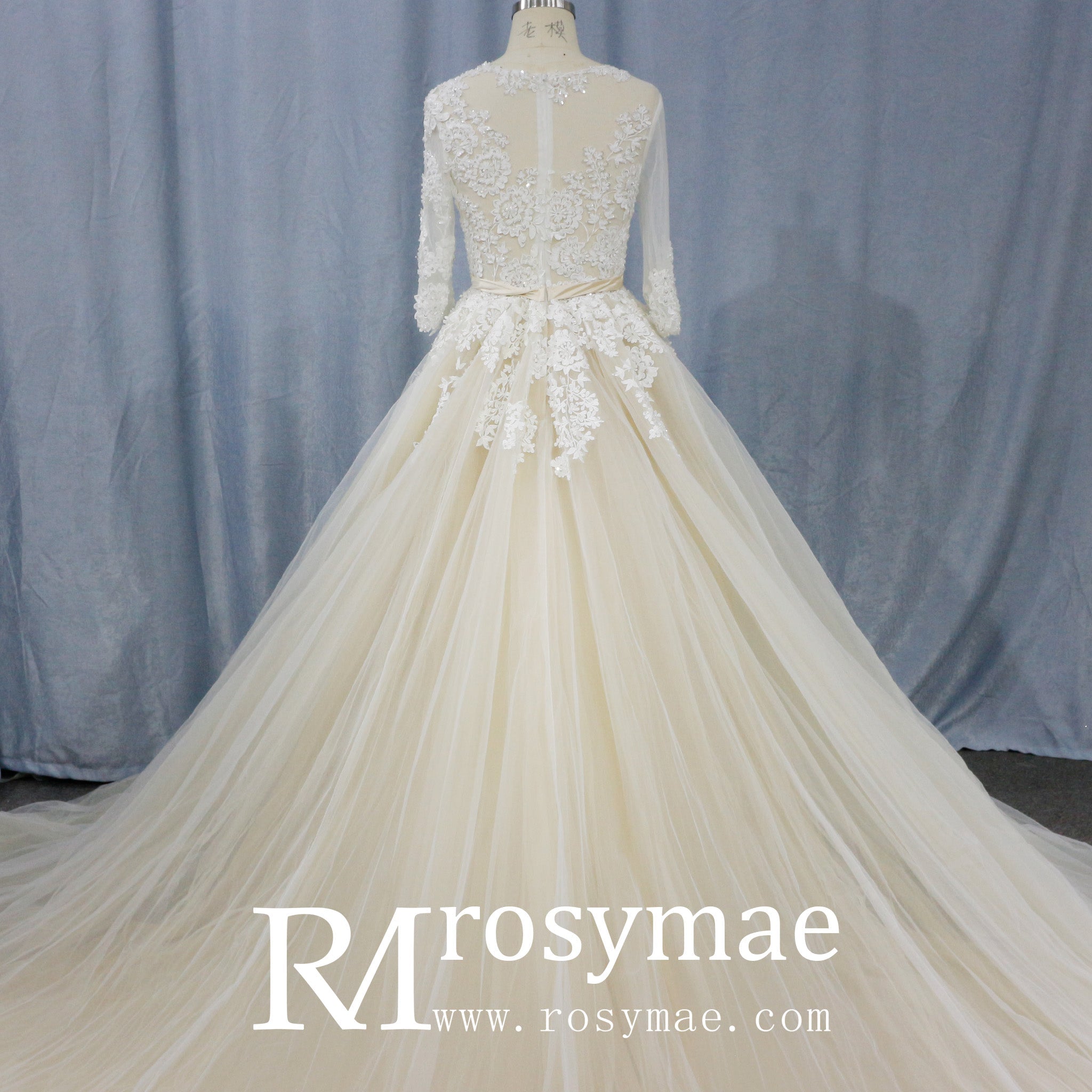 Sheer Ballgown Champagne Wedding Dresses & Gowns with 3/4 Sleeves - Rosymae