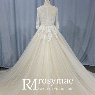 Sheer Ballgown Champagne Wedding Dresses & Gowns with 3/4 Sleeves - Rosymae