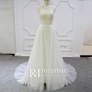 2 in 1 Detachable Skirt Sheer Boat Neck Bridal Wedding Dresses