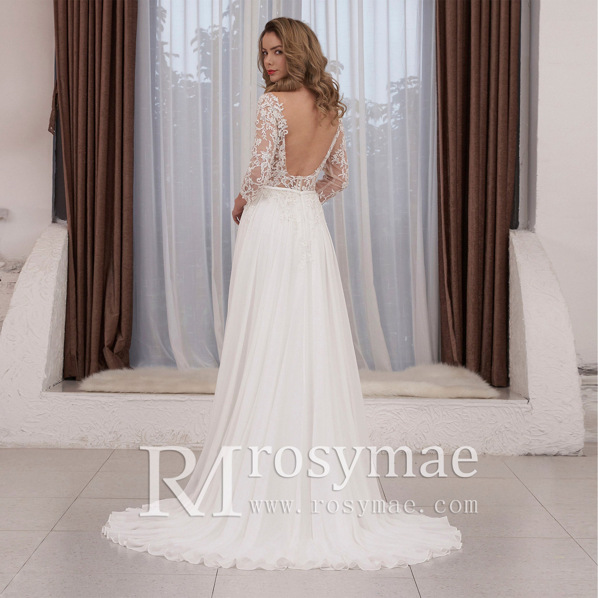 Three Quarter Sleeve Sheer Bodice Slit Sheath Wedding Dress Backless Ivory / 30W Three Quarter Sleeve Sheer Bodice Slit Sheath Wedding Dress Backless Ivory / 30W