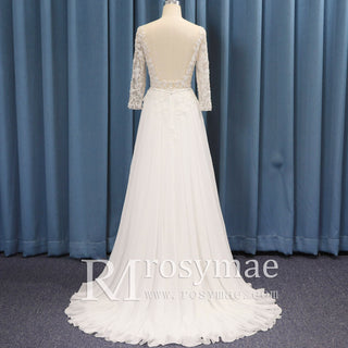 Three Quarter Sleeve Sheer Bodice Slit Sheath Wedding Dress Backless