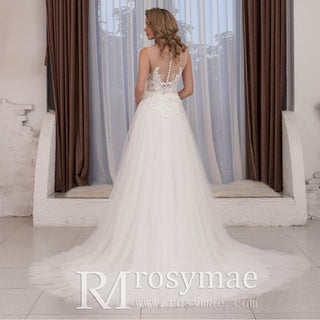 Sheer Bodice and Neckline A-line Tulle and Lace Wedding Dress