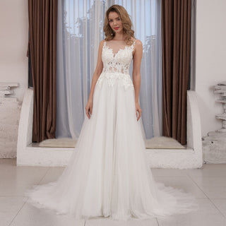 Sheer Bodice and Neckline A-line Tulle and Lace Wedding Dress