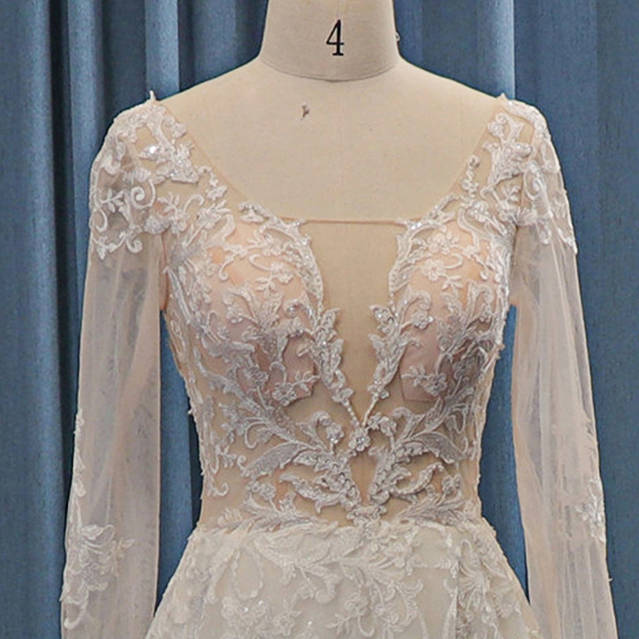 Sheer Bodice and Long Sleeve Floral Lace A-line Wedding Dress Backless - Rosymae